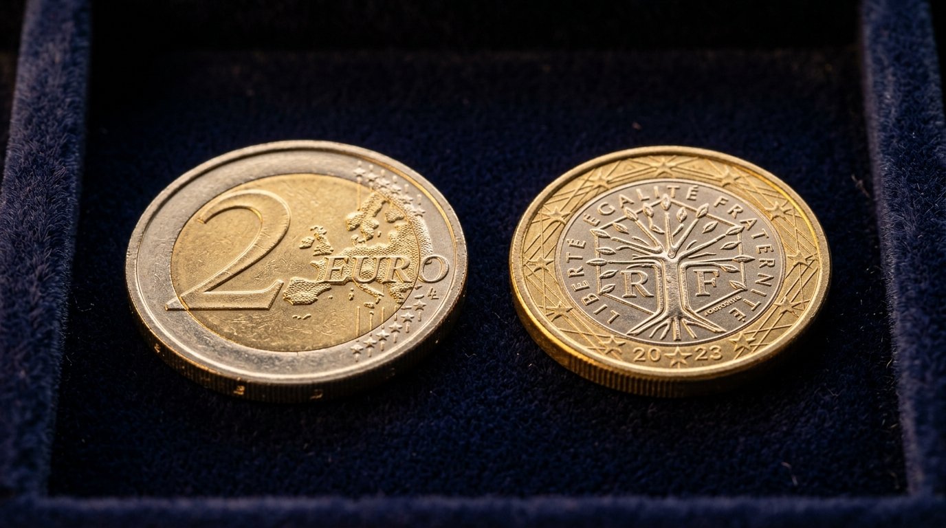 Photographie macro haute définition montrant le côté Pile (valeur 2 Euro et carte d'Europe) et le côté Face (Arbre stylisé républicain) d'une pièce de monnaie