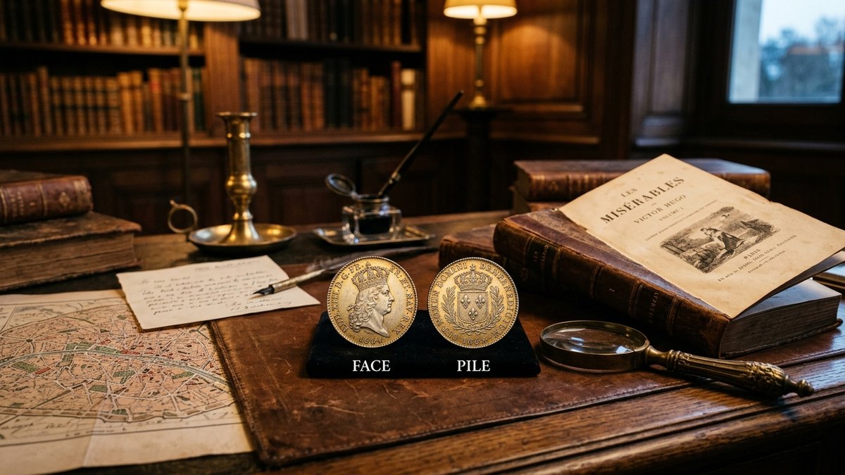 Bureau d'érudit français avec pièces anciennes royales Pile et Face, livre relié et loupe en laiton