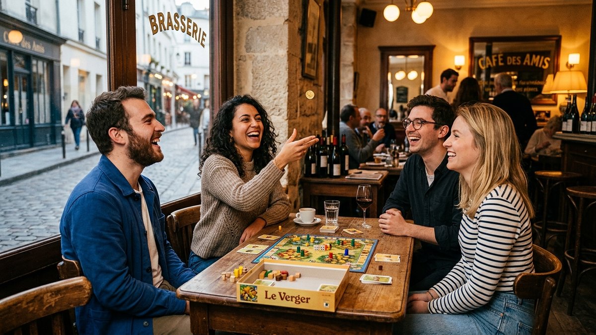 Amis réunis autour d'un jeu de société dans un café parisien lançant une pièce de monnaie pour désigner le premier joueur
