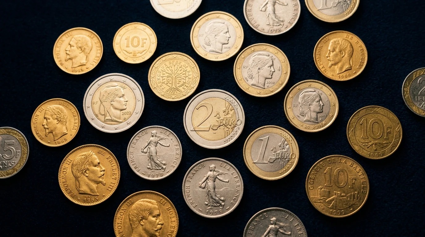 Plateau de pièces françaises historiques et modernes de 1 euro et 2 euros éparpillées sur feutrine