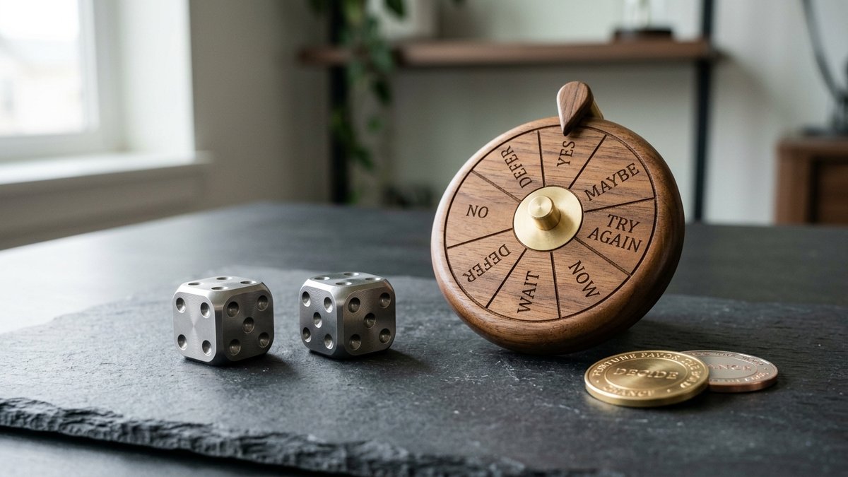 Collection d'instruments de hasard de précision : dés usinés en métal, tirage de listes et pièces stochastiques sur table en ardoise