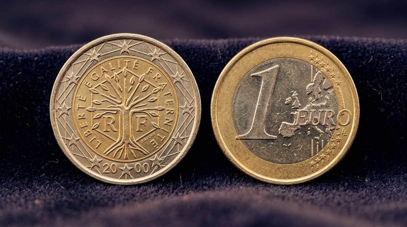 Photographie macro comparative de deux pièces de 1 euro sur velours indigo montrant l'avers national à gauche et le revers européen avec le grand chiffre 1 à droite