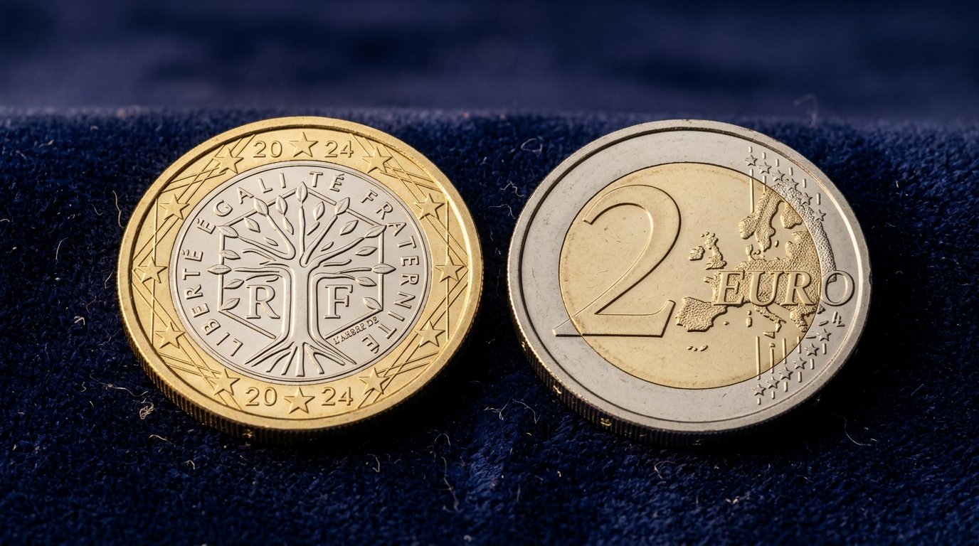 Photographie macro comparative de deux pièces de 2 euros sur velours bleu nuit montrant l'avers national à gauche et le revers européen avec le chiffre 2 à droite