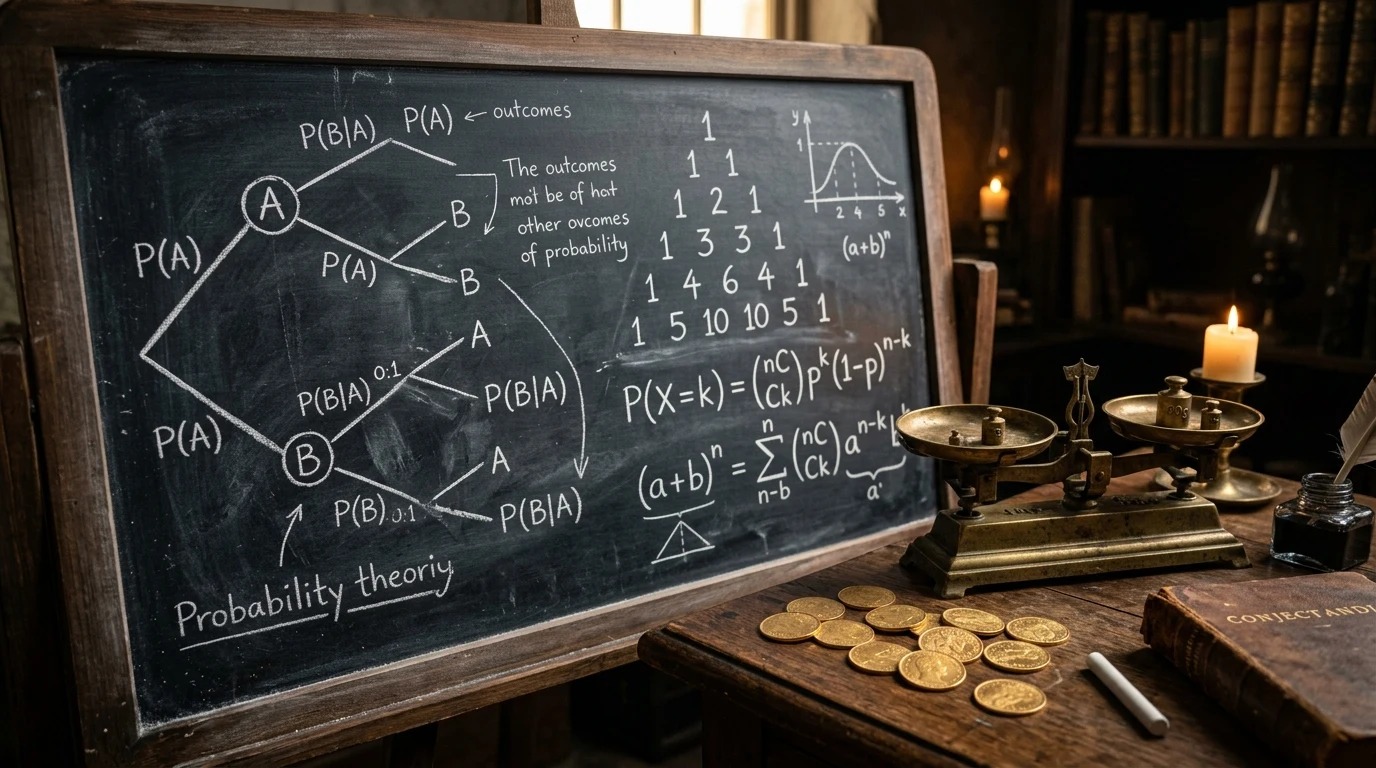 Tableau noir ancien avec arbres de probabilités à la craie, triangle de Pascal et pièces dorées