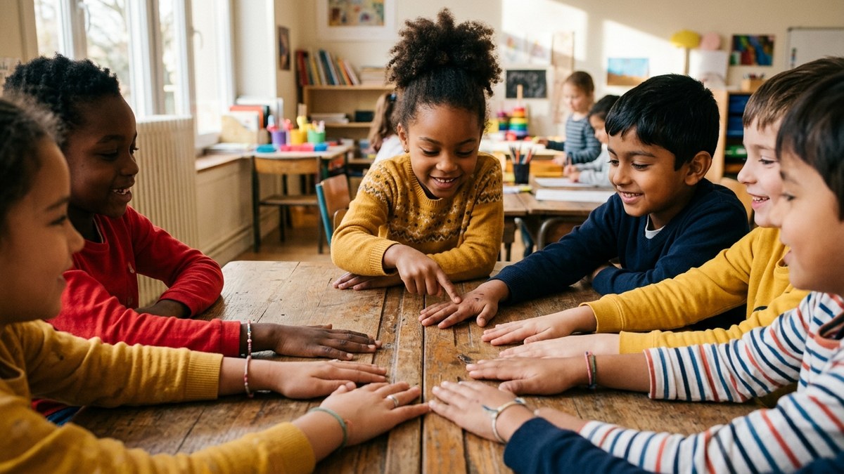 Enfants jouant à la comptine du plouf-plouf en cercle dans une cour de récréation